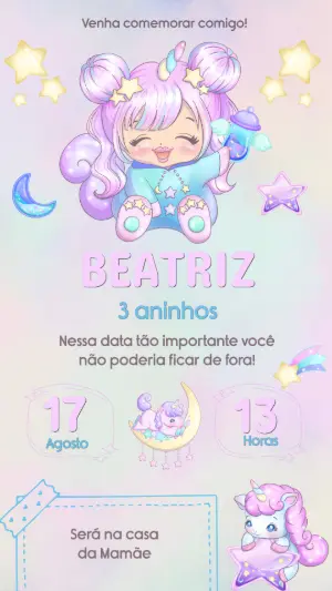 Convite Digital Aniversário Infantil Unicórnio Mágico para Editar