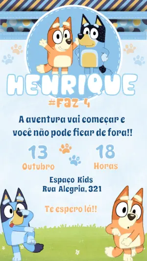 Convite de Aniversário Bluey e Bingo para Editar Online