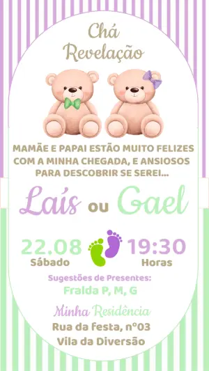 Convite Chá Revelação Ursinhos Lilás e Verde para Editar