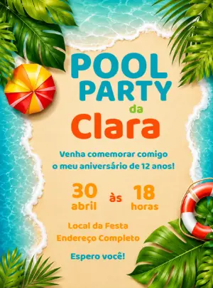 Convite de Aniversário Pool Party na Praia para Editar