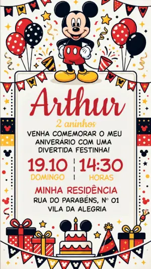 Convite de Aniversário Mickey Clássico para Editar