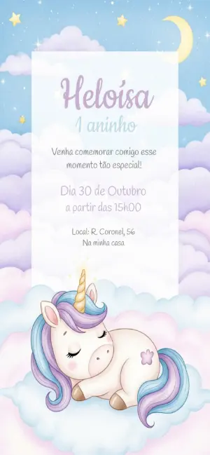 Convite Aniversário Unicórnio Fofo para Editar Online
