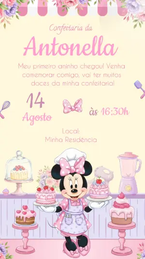 Convite Animado Minnie Confeiteira: Vídeo de Aniversário Editável