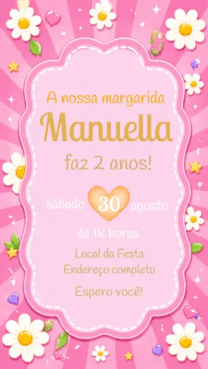 Convite de Aniversário Margaridas Rosa para Editar