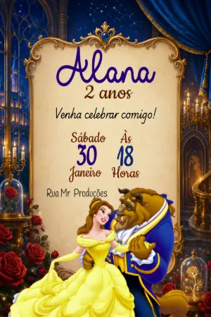Convite de Aniversário A Bela e a Fera Modelo Editável