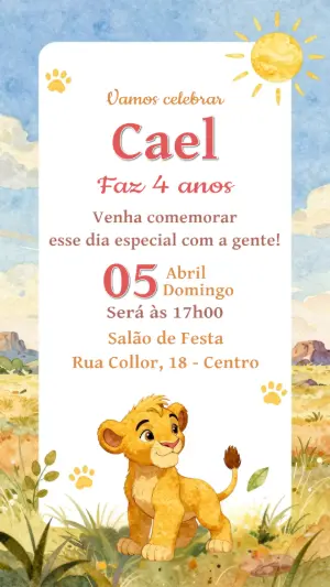 Convite de Aniversário Infantil Rei Leão Aquarela para Editar