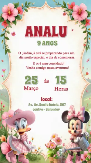 Convite Aniversário Minnie e Margarida Jardim para Editar Online