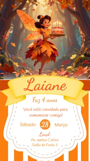 Convite de Aniversário Fada do Outono Editável para Menina