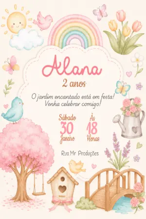 Convite de Aniversário Jardim Encantado Aquarela Editável