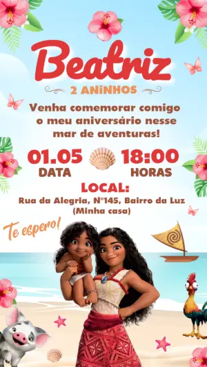 Convite de Aniversário Moana Tropical para Editar e Enviar