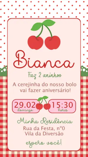 Convite de Aniversário Cerejinha Fofo para Editar