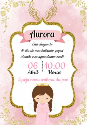 Convite de Batizado Anjinha Rosa e Dourado para Editar Online