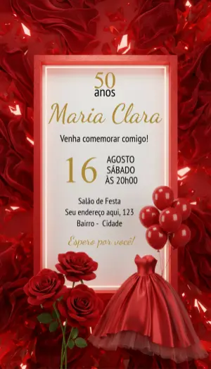 Convite Aniversário 50 Anos Vermelho e Dourado Elegante Editável