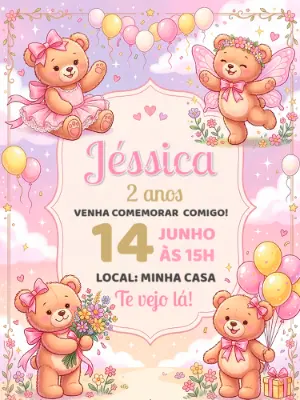 Convite de Aniversário Ursinha Rosa Fofa para Editar