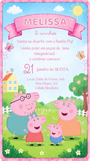 Convite de Aniversário Peppa Pig Editável para Festa Infantil