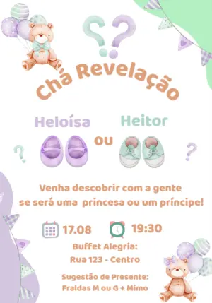 Convite Chá Revelação Ursinhos Lilás e Verde para Editar