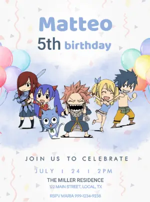 Fairy Tail Anime Birthday Invitation - Editable Digital Template
