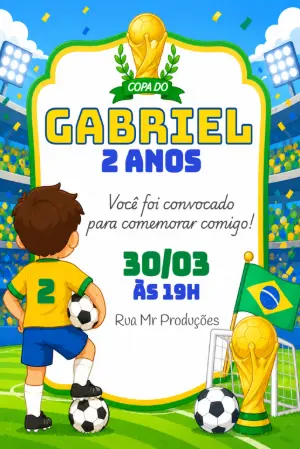 Convite de Aniversário Futebol Copa do Mundo Editável