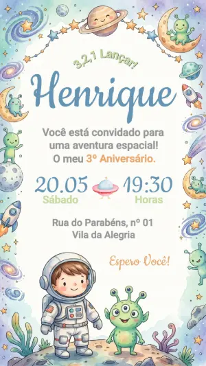 Convite Digital Aniversário Astronauta Fofo para Editar