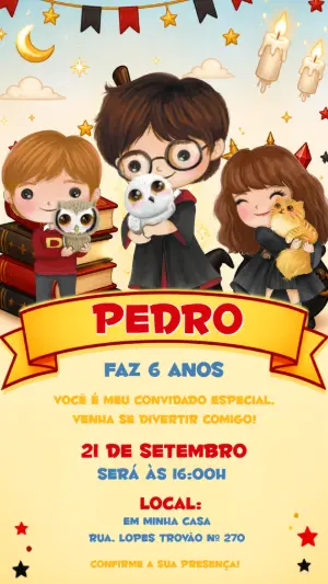 Convite de Aniversário Harry Potter Chibi Editável