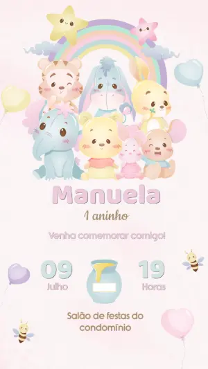 Convite Digital Fofo Ursinho Pooh e Turma para Aniversário