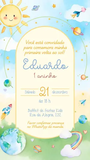 Convite Infantil 1 Ano Tema Espaço Aquarela Editável