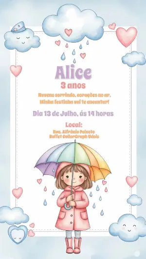 Convite Aniversário Chuva de Amor com Menina para Editar Online