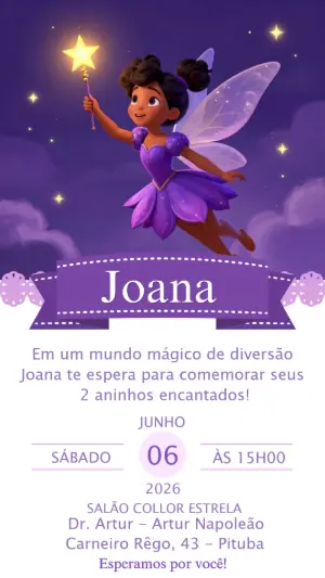 Convite de Aniversário Fada Mágica Roxo para Editar