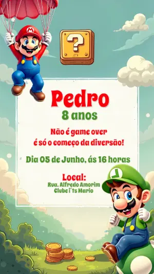 Convite de Aniversário Mario e Luigi para Editar Online