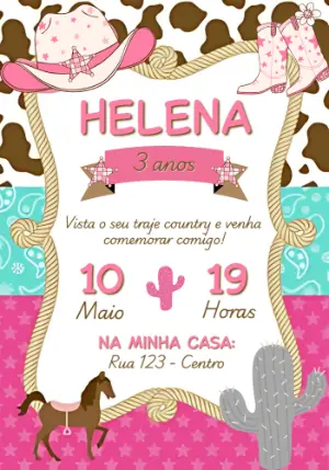 Convite de Aniversário Country Rosa para Editar Online