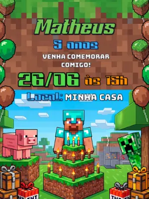 Convite de Aniversário Minecraft Editável e Digital