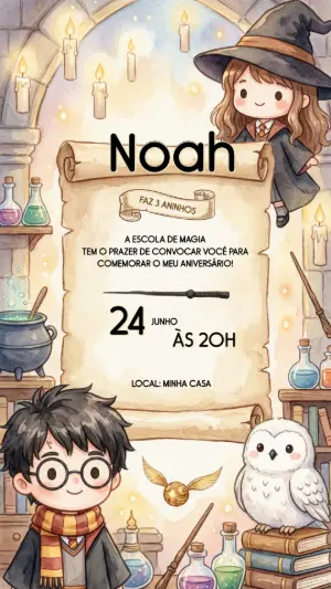 Convite de Aniversário Harry Potter Aquarela Editável