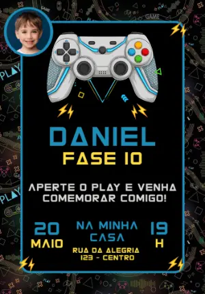 Convite Aniversário Gamer com Foto para Editar Online