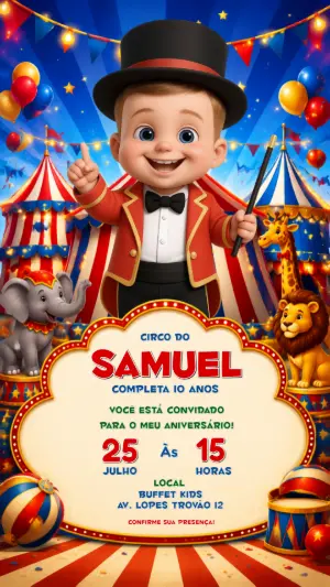 Convite Digital Aniversário Tema Circo Menino Editável