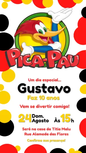 Convite de Aniversário Pica-Pau Colorido para Editar Online