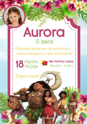Convite de Aniversário Moana com Foto para Editar Online