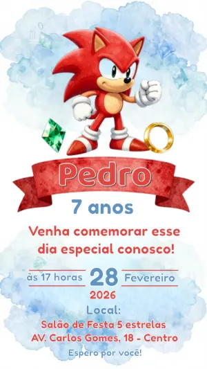 Convite de Aniversário Sonic Vermelho Estilo Aquarela Editável