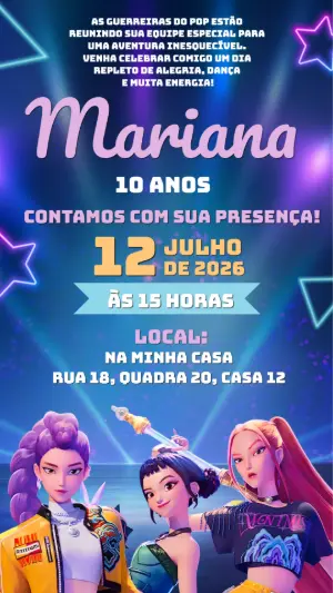 Convite Aniversário K-pop Guerreiras Neon Modelo Editável