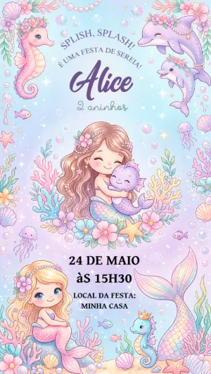 Convite Digital Aniversário Sereia Fofa para Editar