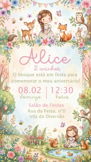 Convite Aniversário Bosque Encantado Aquarela Editável
