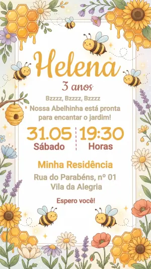 Convite de Aniversário Abelhinha Fofo Modelo Digital Editável