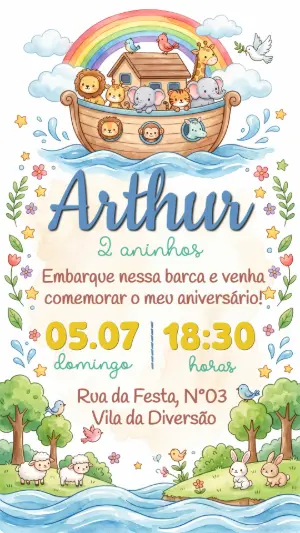 Convite de Aniversário Arca de Noé Aquarela para Editar
