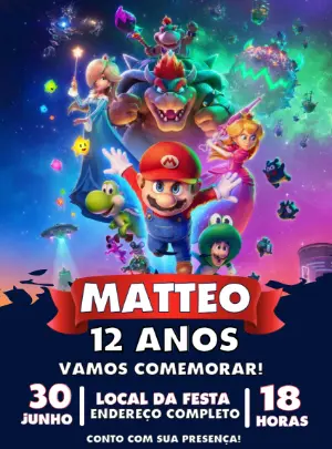 Convite de Aniversário Super Mario Galaxy Editável