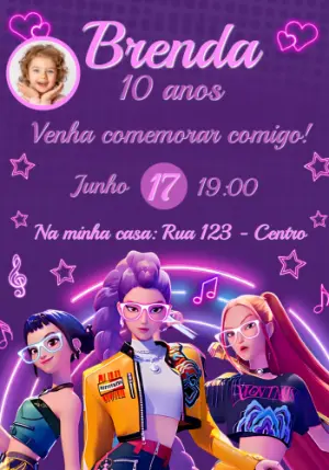 Convite de Aniversário Guerreiras do K-pop com Foto Editável