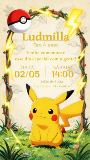 Convite de Aniversário Pokémon Pikachu Ilustrado para Editar