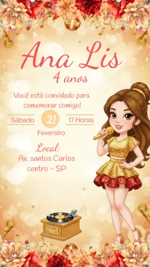 Convite de Aniversário Cantora Popstar Dourado para Editar