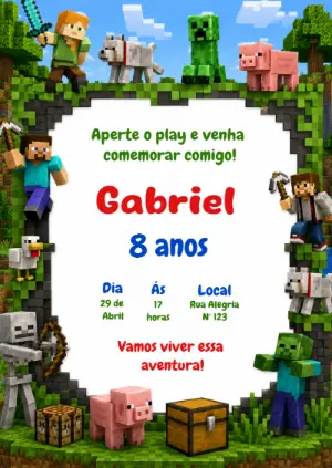 Convite de Aniversário Minecraft: Modelo Digital para Editar