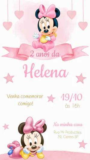Convite de Aniversário Minnie Baby Rosa Editável