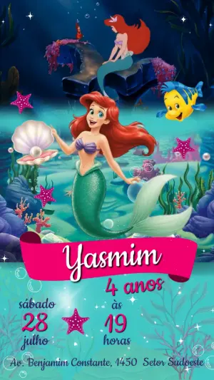 Convite Animado Aniversário Sereia Ariel para Editar Online
