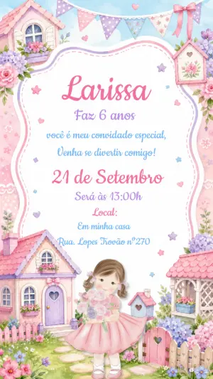 Convite de Aniversário Casa de Boneca Aquarela Editável